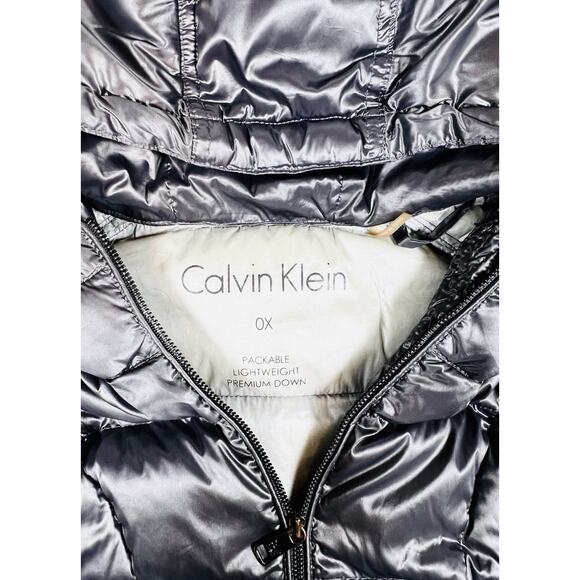 Calvin Klein Women’s Packable Down Puffer Jacket Gray Metallic Hooded 0X - Picture 2 of 3